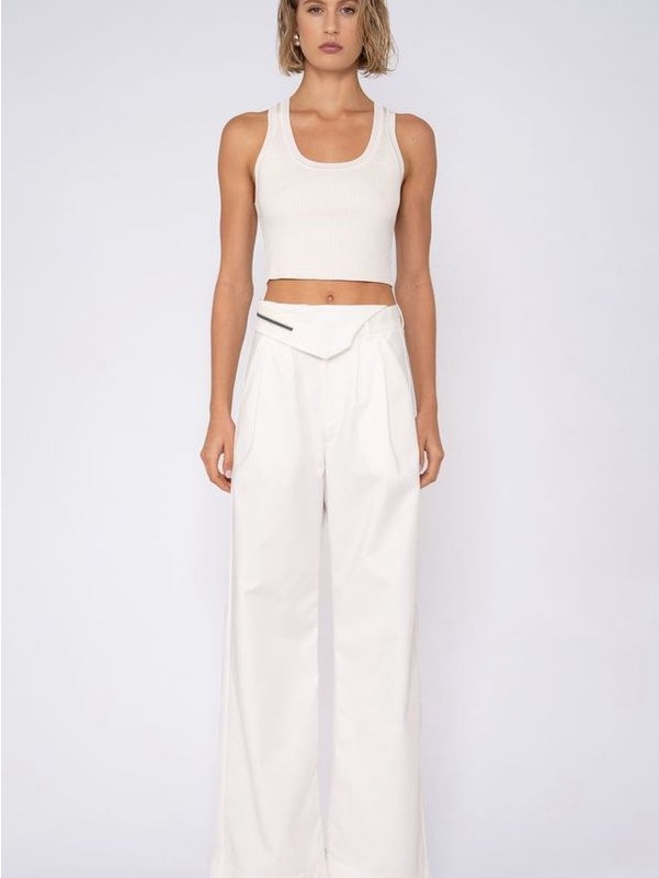 Nonchalant White High-Waist Wide-Leg Pants With Folded Waistband